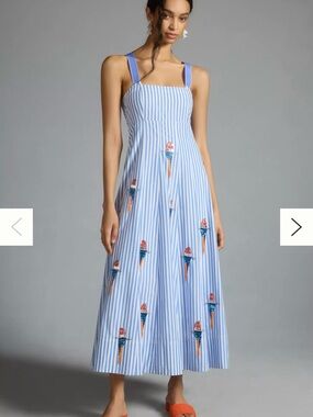 SOLD—Anthropologie Blue and White Striped Midi Dress